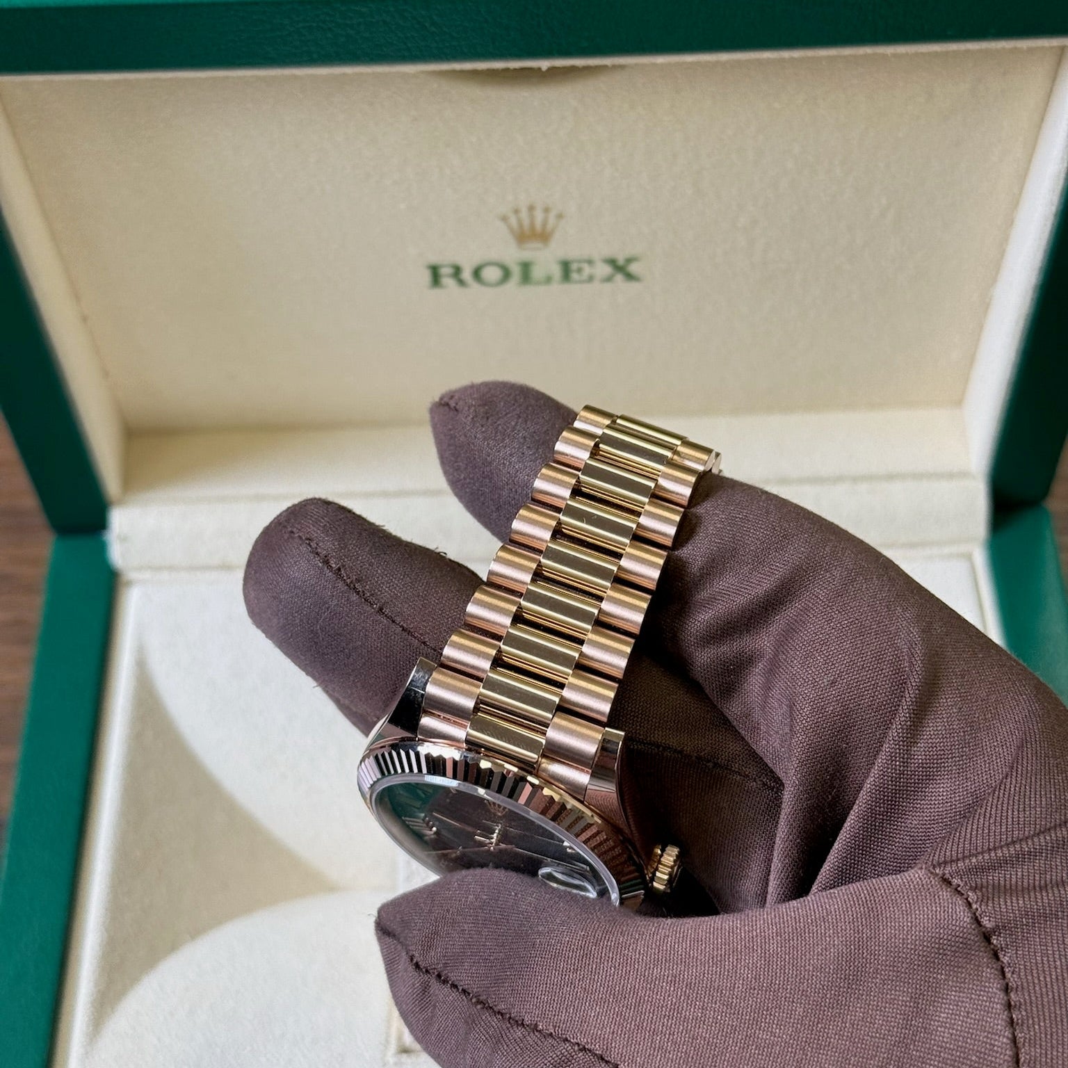 2025 Rolex Day Date 40 Olive Dial / 228235 / Rose Gold / Brand New & Unworn / Box & Papers (edited) Just Watch It