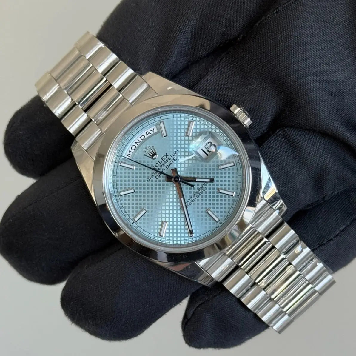 2021 Rolex Day Date 40 Blue Motif Dial / 228206 / 40mm / Platinum President Band / Like New / Box & Papers Just Watch It