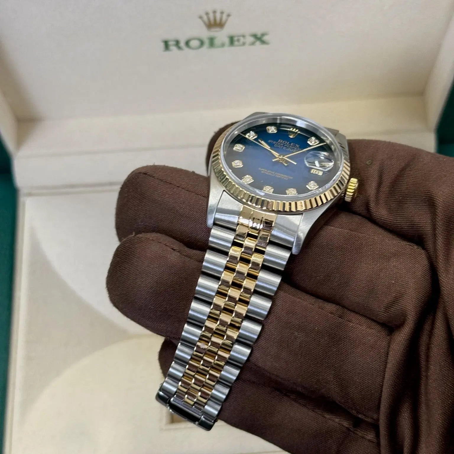 1995 Rolex Datejust 36 Blue Vignette Diamond Dial / 16233 / Two Tone Yellow Gold / Excellent Condition / Watch & Box Only Just Watch It