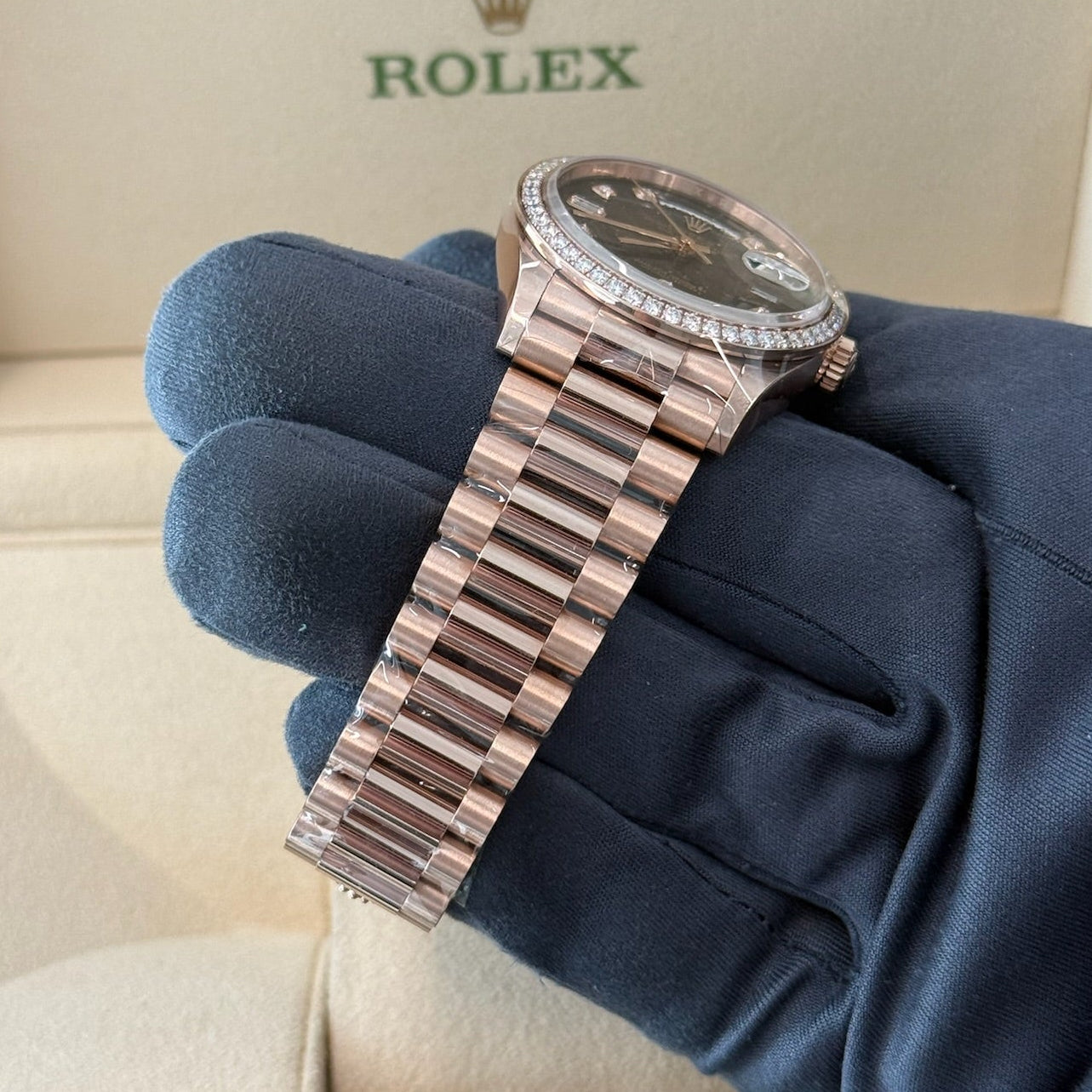 2023 Rolex Day Date 36 Diamond Bezel Brown Baguette Diamond Dial 128345RBR / Rose Gold / Like New / Box & Papers Just Watch It