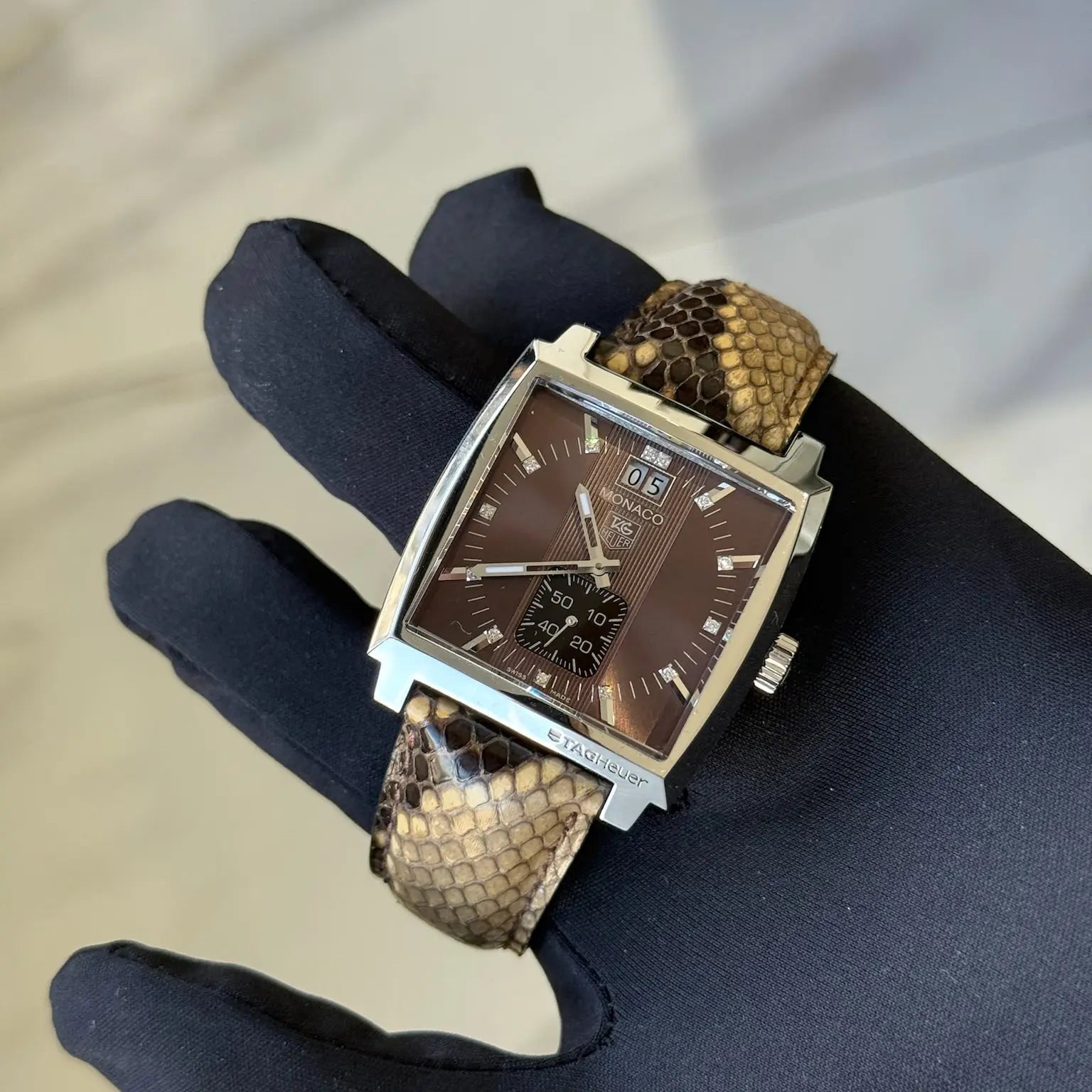 Tag Heuer Monaco Brown Diamond Dial WAW1315 / Snake Skin Leather Band / Steel / Quartz  / Watch Only Just Watch It