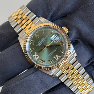 2025 Rolex Datejust 36 Green with Roman Numeral Diamond Dial 126233 / Two Tone Yellow Gold / Brand New & Unworn