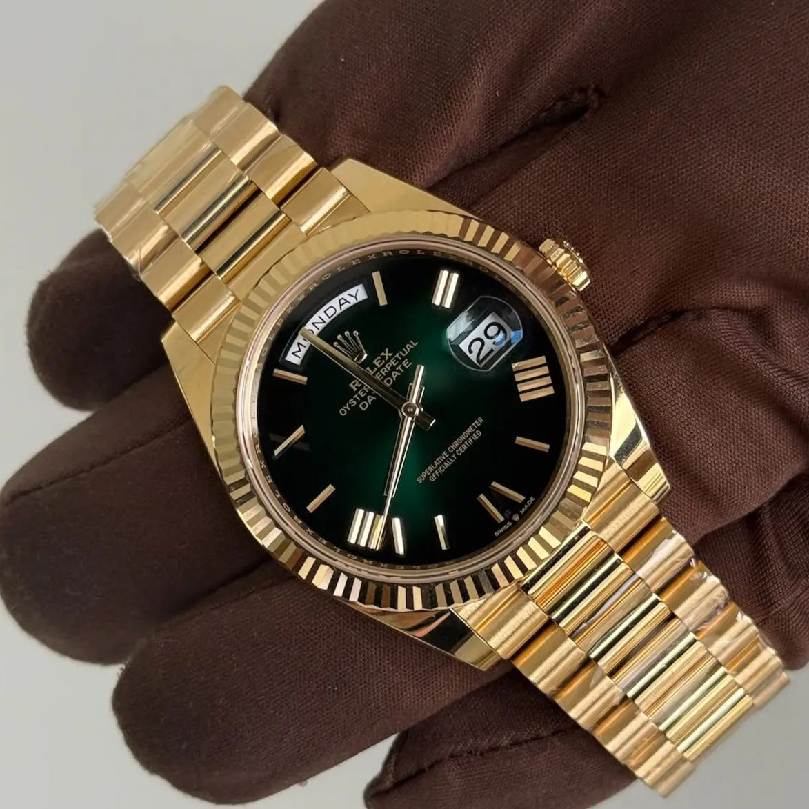 2025 Rolex Day Date 40 Ombré Green Dial / 228238 / Yellow Gold / Presidential Bracelet / Brand New & Unworn Just Watch It