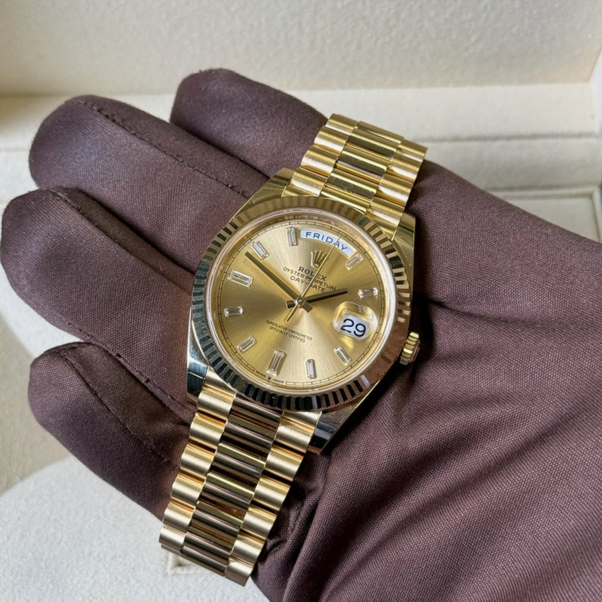 2025 Day Date 40 Champagne Baguette Diamond Dial / 228238 / Yellow Gold / Brand New & Unworn / Box & Papers Just Watch It