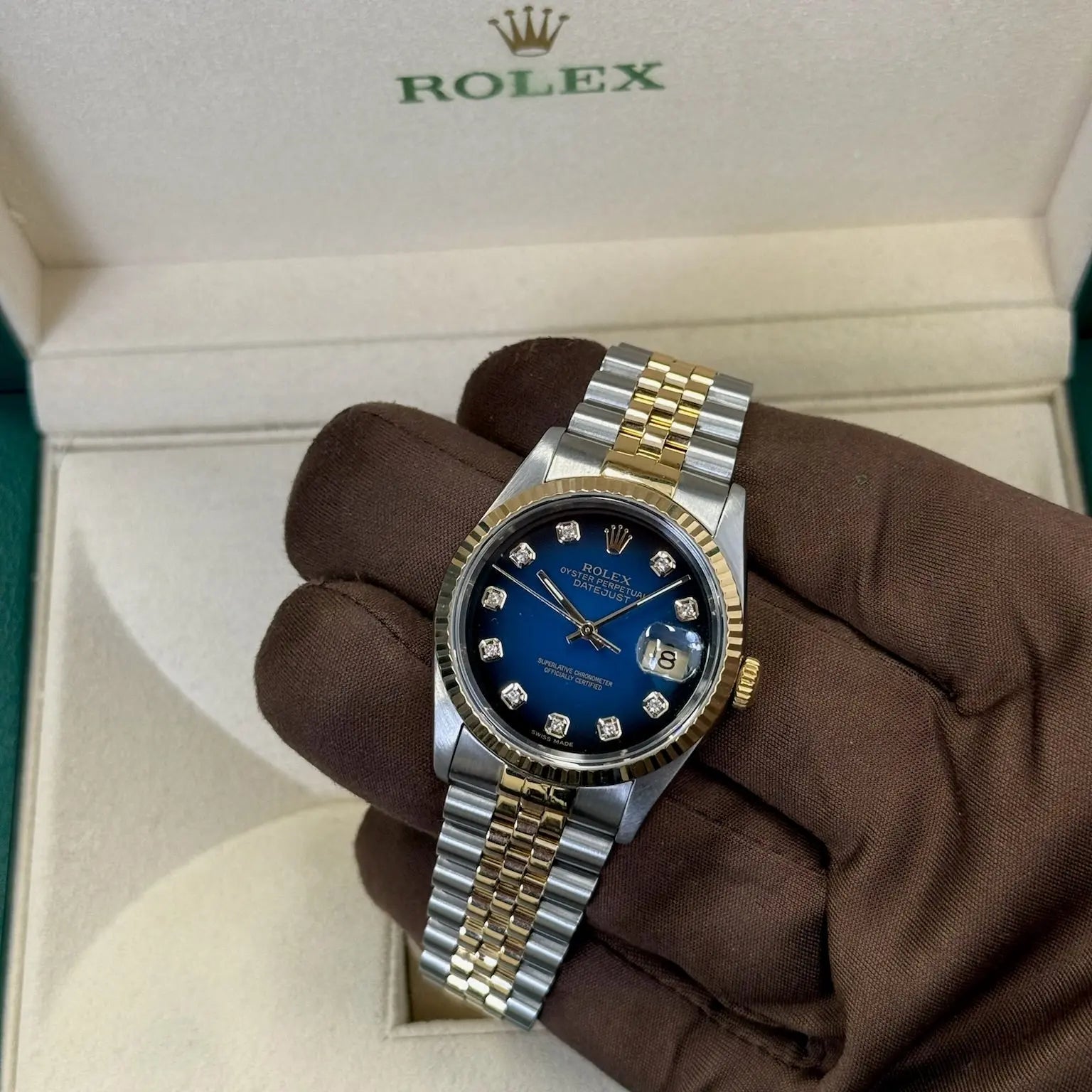 1995 Rolex Datejust 36 Blue Vignette Diamond Dial / 16233 / Two Tone Yellow Gold / Excellent Condition / Watch & Box Only Just Watch It