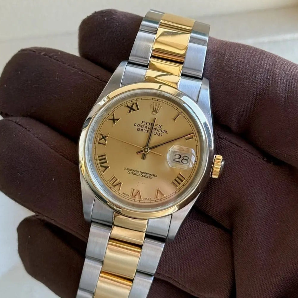 2004 Rolex Datejust 36 Champagne Roman Dial / 116203 / Oyster Bracelet / Two Tone Yellow Gold / Mint Condition / Recently Serviced - Just Watch It