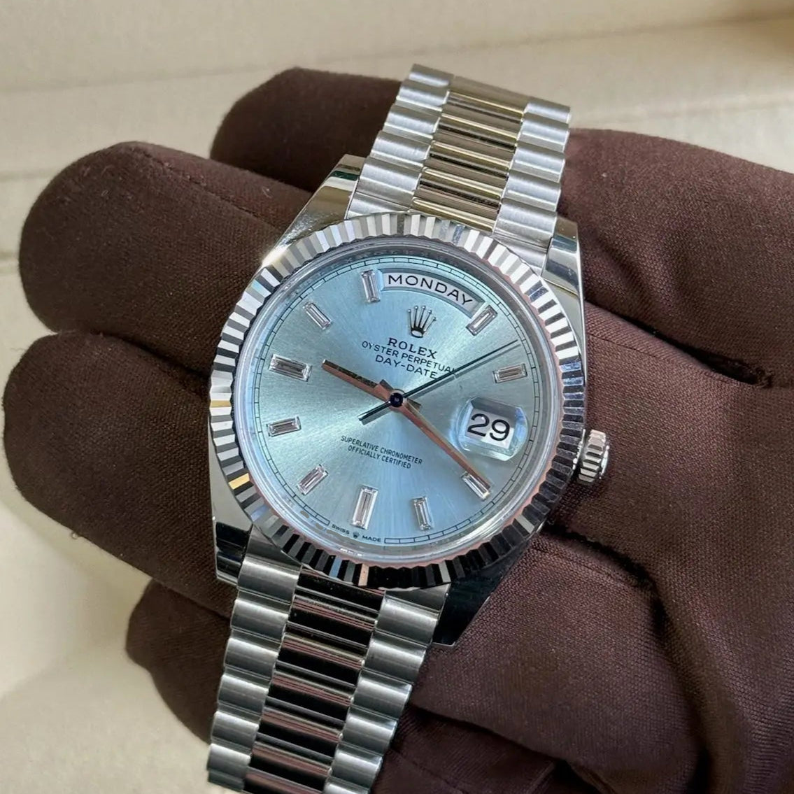 2024 Rolex Day-Date 40 Platinum Ice Blue Diamond Baguette Dial / 228236 / 40mm / Like New Just Watch It
