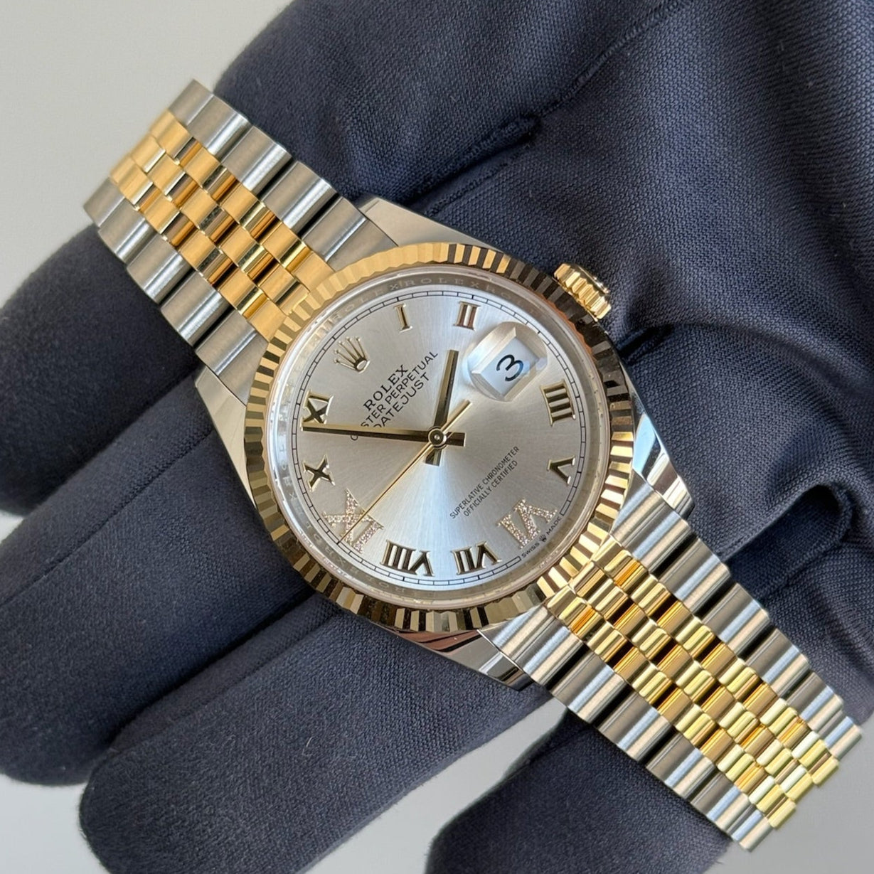 2025 Rolex Datejust 36 Silver Dial with Diamonds on VI and IX / 126233 / Yellow Gold & Steel / Jubilee Band / Brand New & Unworn