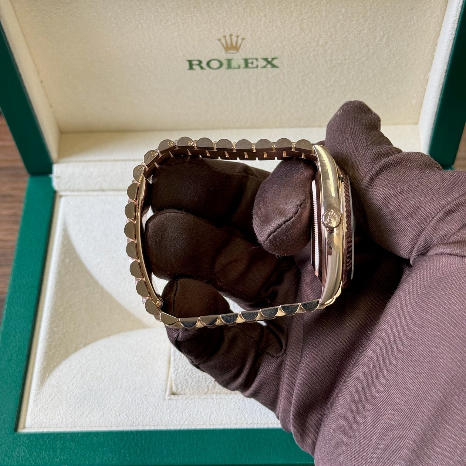 2025 Rolex Day Date 40 Olive Dial / 228235 / Rose Gold / Brand New & Unworn / Box & Papers (edited) Just Watch It
