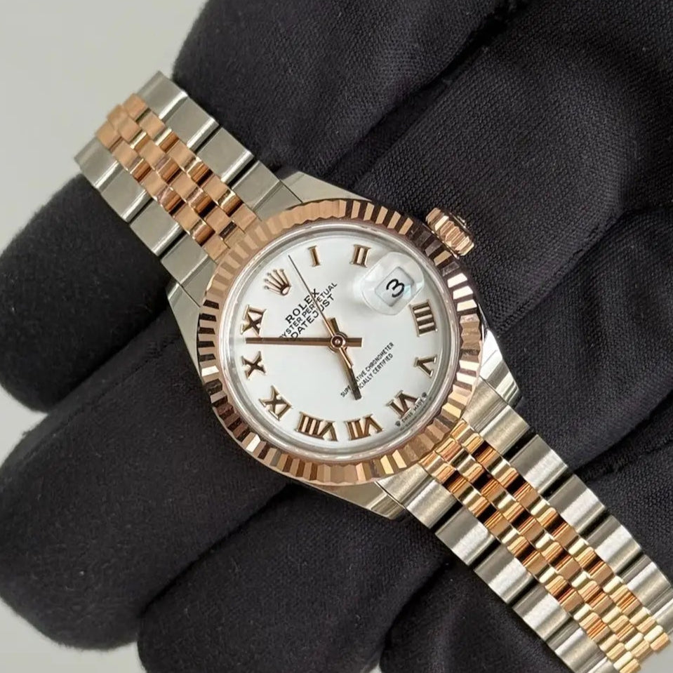 2025 Rolex Lady Datejust 28 White Dial with Roman Numerals / 279171  / Two Tone Rose Gold & Steel / Brand New & Unworn