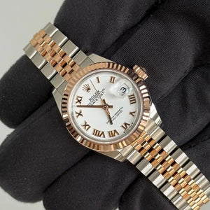2025 Rolex Lady Datejust 28 White Dial with Roman Numerals / 279171  / Two Tone Rose Gold & Steel / Brand New & Unworn