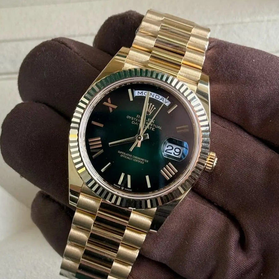 2025 Rolex Day Date 40 Ombré Green Dial / 228238 / Yellow Gold / Presidential Bracelet / Brand New & Unworn Just Watch It