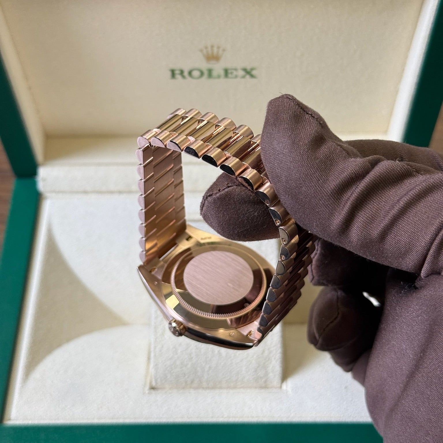2025 Rolex Day Date 40 Olive Dial / 228235 / Rose Gold / Brand New & Unworn / Box & Papers (edited) Just Watch It
