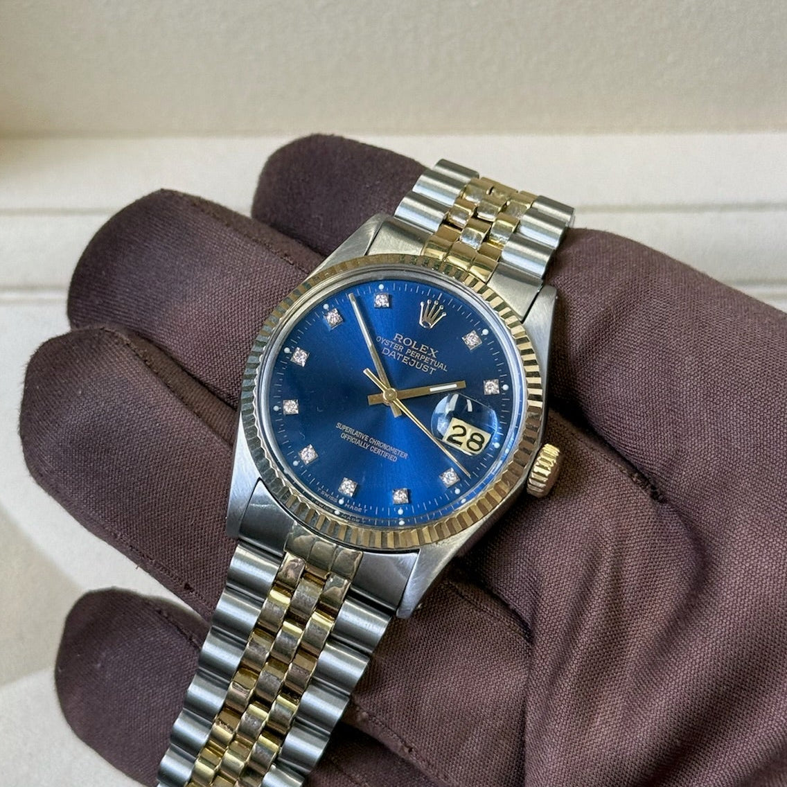 1986 Rolex Datejust 36 Blue Diamond Dial / 16233 / Two Tone Yellow Gold / Mint Condition / Watch & Box Just Watch It