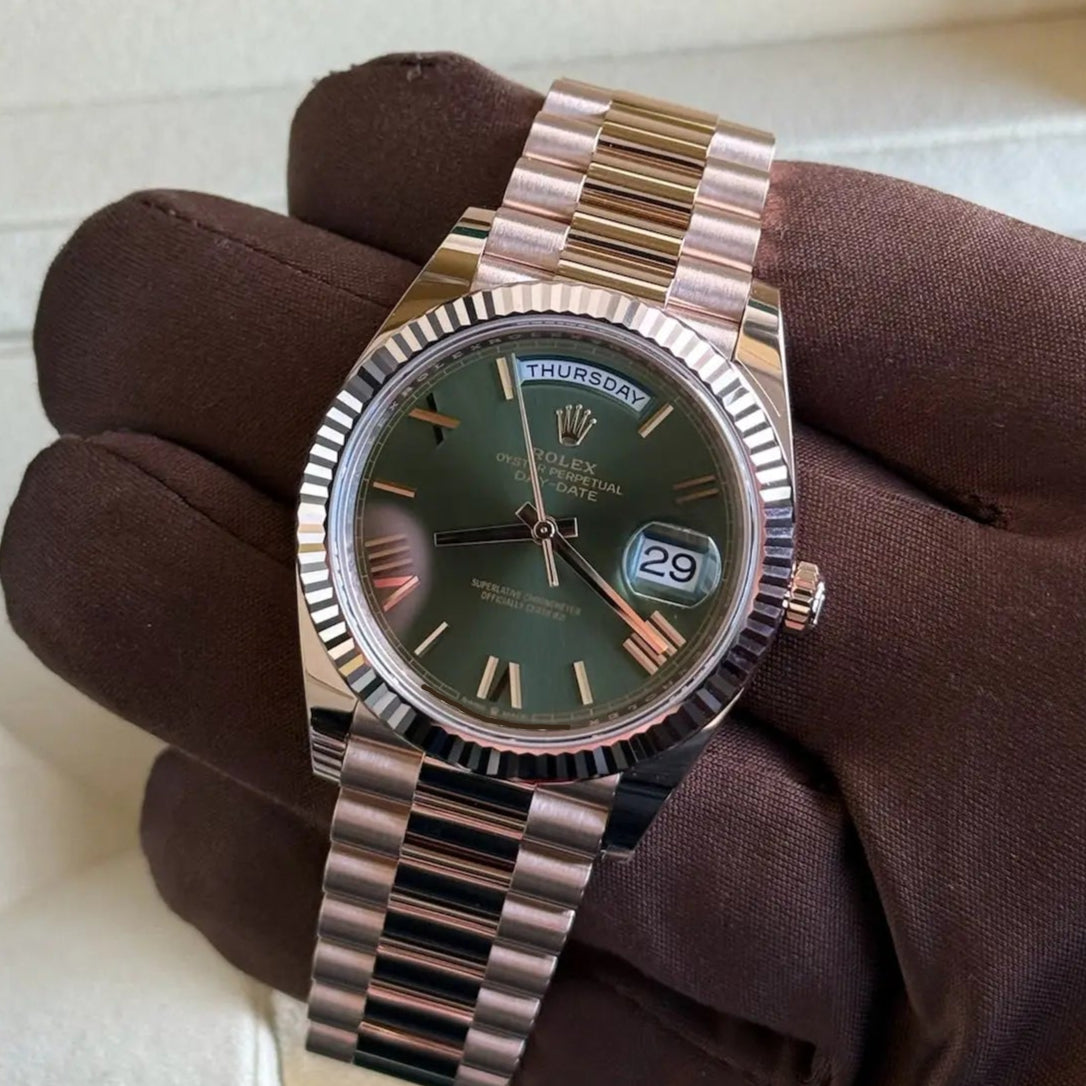 2025 Rolex Day-Date 40 Olive Roman Dial / 228235 / 40mm / Rose Gold / Brand New & Unworn Just Watch It
