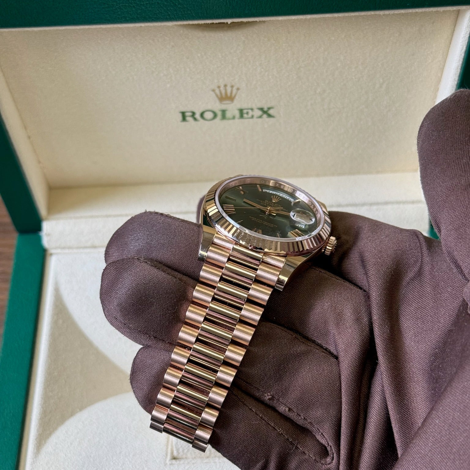 2025 Rolex Day Date 40 Olive Dial / 228235 / Rose Gold / Brand New & Unworn / Box & Papers (edited) Just Watch It