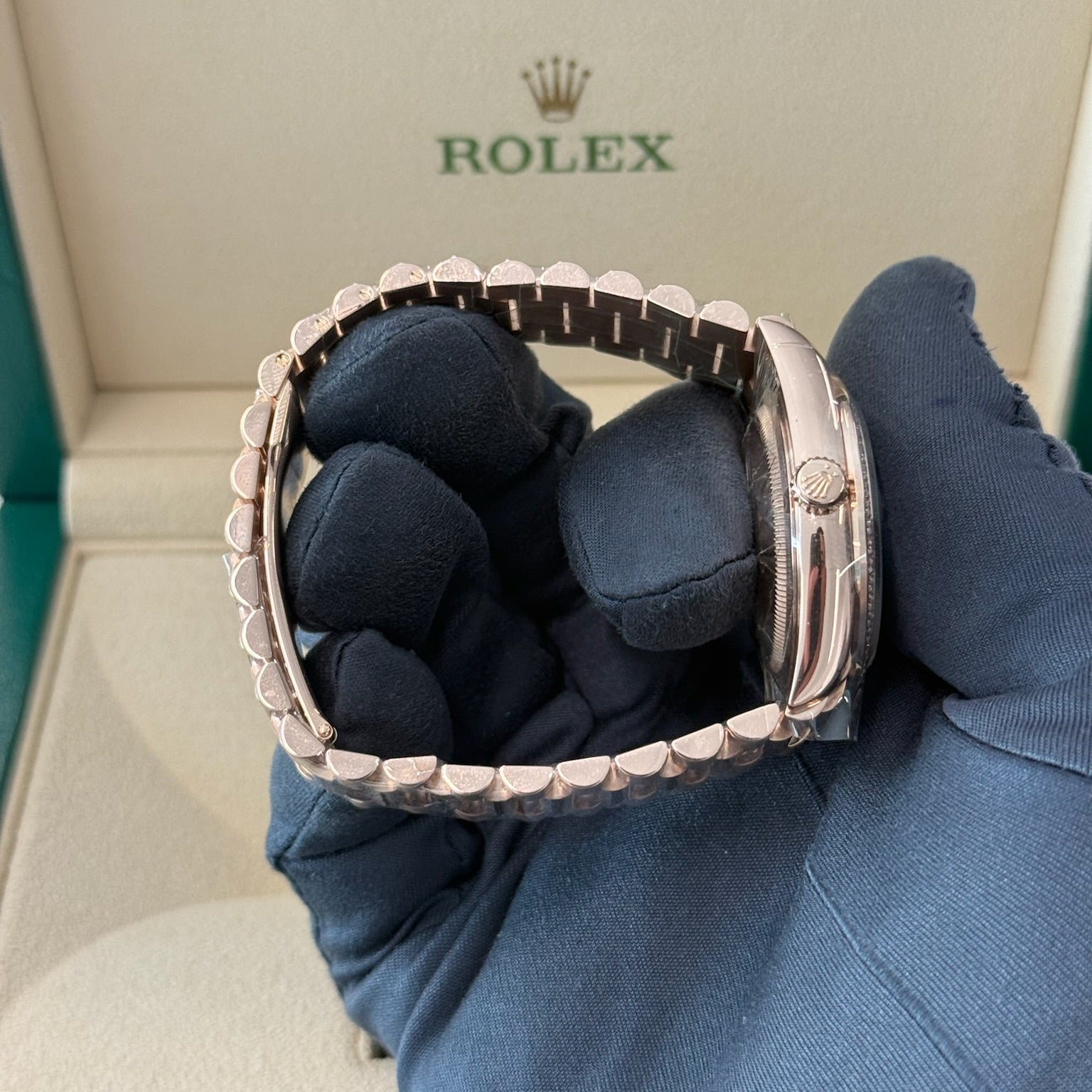 2023 Rolex Day Date 36 Diamond Bezel Brown Baguette Diamond Dial 128345RBR / Rose Gold / Like New / Box & Papers Just Watch It