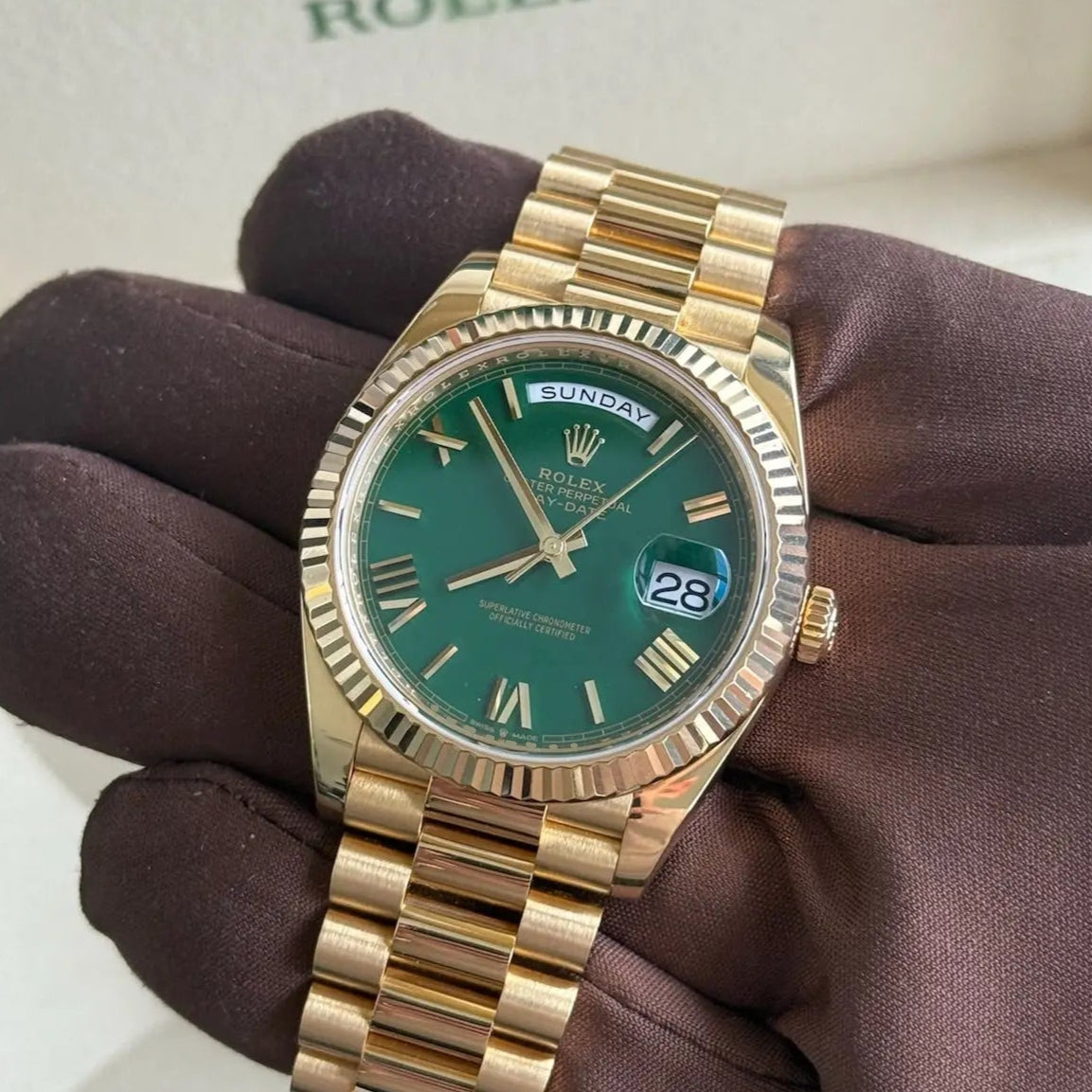 2023 Rolex Day Date 40 'Money Green' Dial / 228238 / Yellow Gold / Presidential Band / Like New - Just Watch It