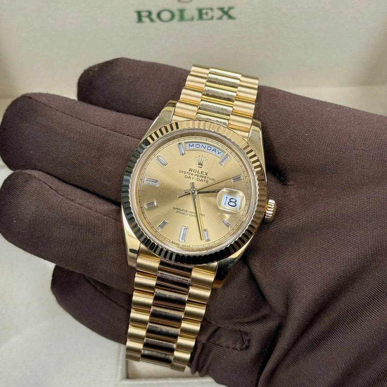 2017 Day Date 40 Champagne Baguette Diamond Dial / 228238 / Yellow Gold / Mint Condition / Box & Papers Just Watch It