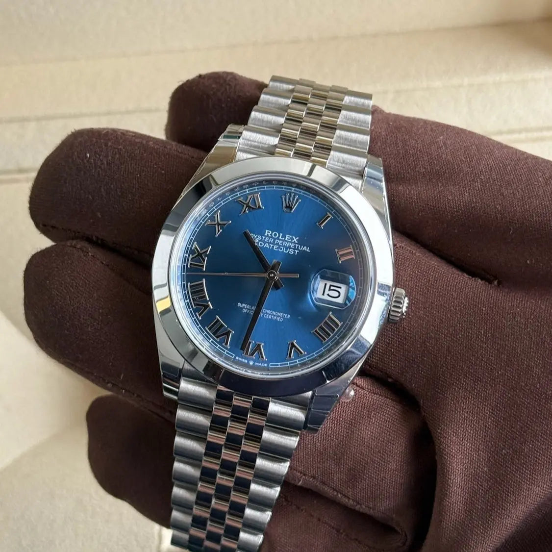 2025 Rolex Datejust 41 Azzurro Blue Roman Numeral Dial / 126334 / Smooth Bezel / Jubilee Band / Brand New & Unworn / Box & Papers Just Watch It