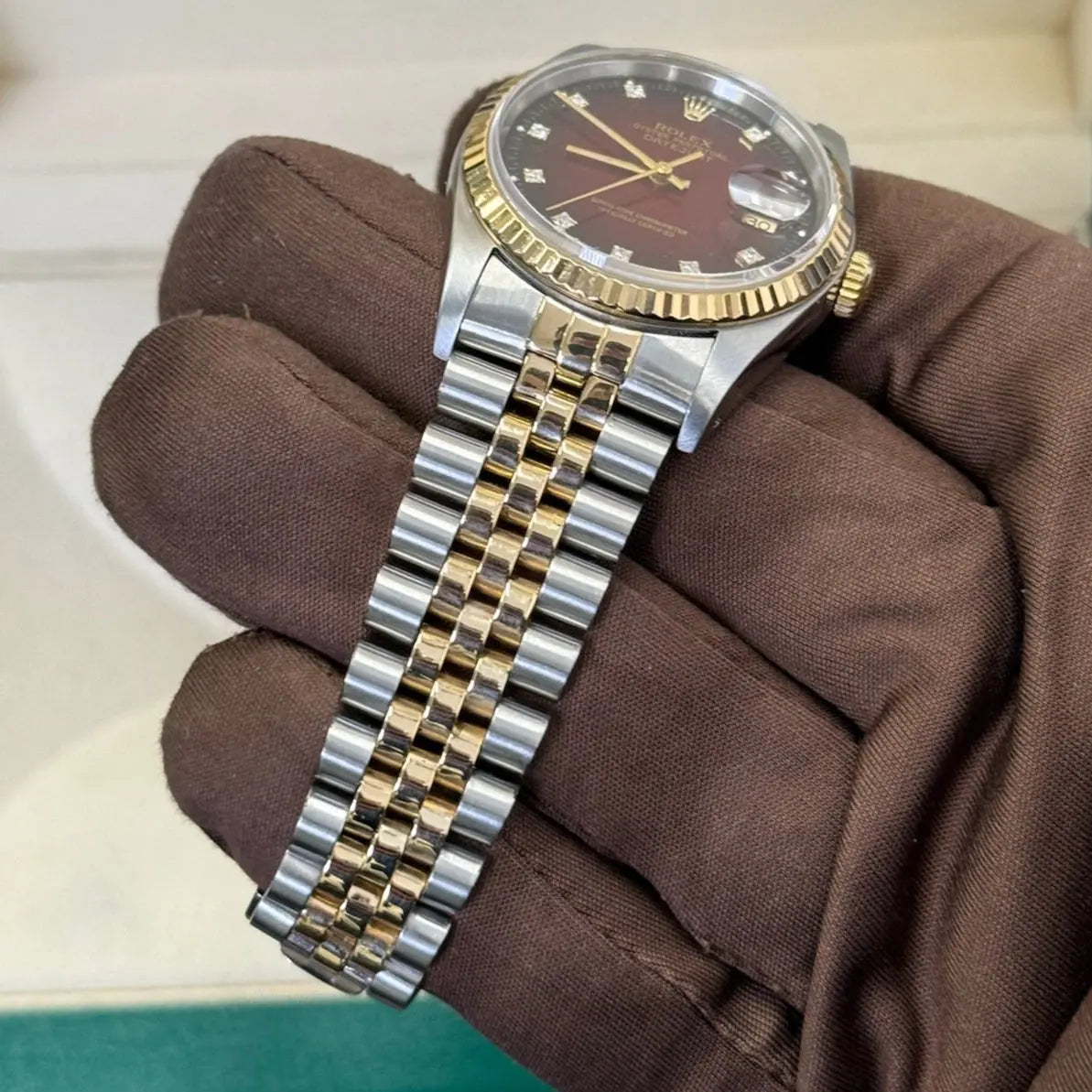 1989 Rolex Datejust 36 Red Vignette Diamond Dial / 16233 / Two Tone Yellow Gold / Excellent Condition / Watch & Box Only Just Watch It