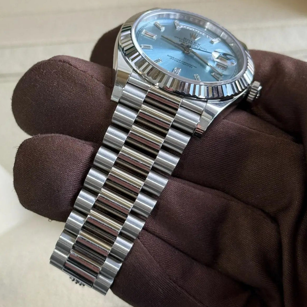 2024 Rolex Day-Date 40 Platinum Ice Blue Diamond Baguette Dial / 228236 / 40mm / Like New Just Watch It
