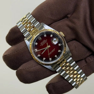 1989 Rolex Datejust 36 Red Vignette Diamond Dial / 16233 / Two Tone Yellow Gold / Excellent Condition / Watch & Box Only Just Watch It