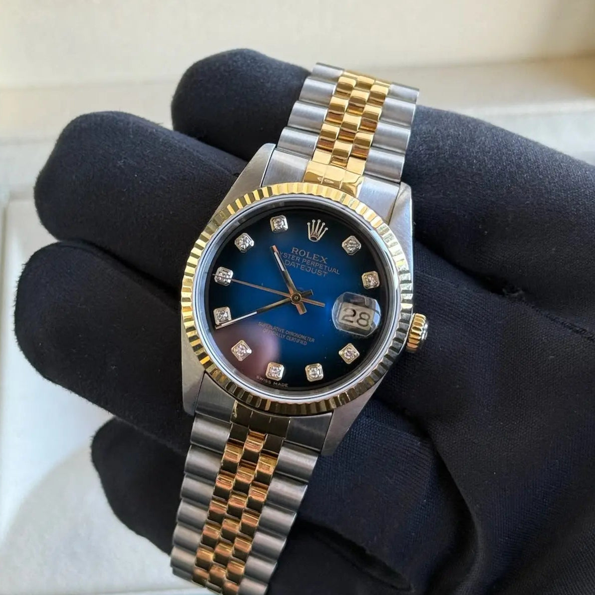 1996 Rolex Datejust 36 Blue Vignette Diamond Dial / 16233 / Two Tone Yellow Gold / Jubilee Band / Box & Papers Just Watch It