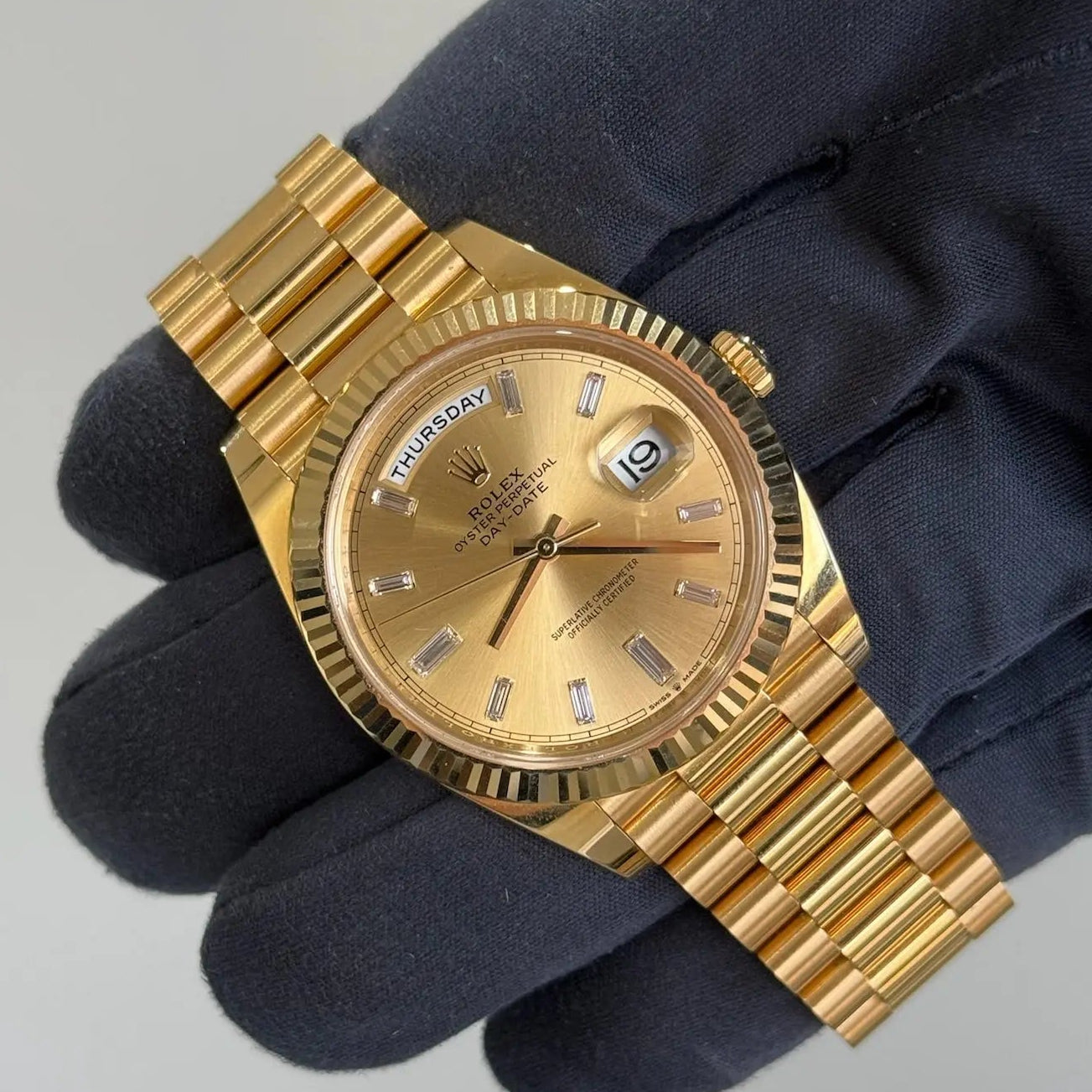 2024 Rolex Day Date 40 Champagne Baguette Diamond Dial / 228238 / Yellow Gold / Like New