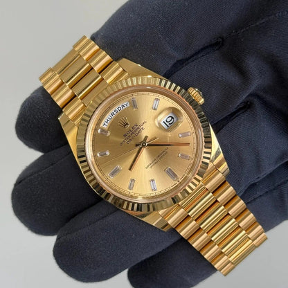 2024 Rolex Day Date 40 Champagne Baguette Diamond Dial / 228238 / Yellow Gold / Like New