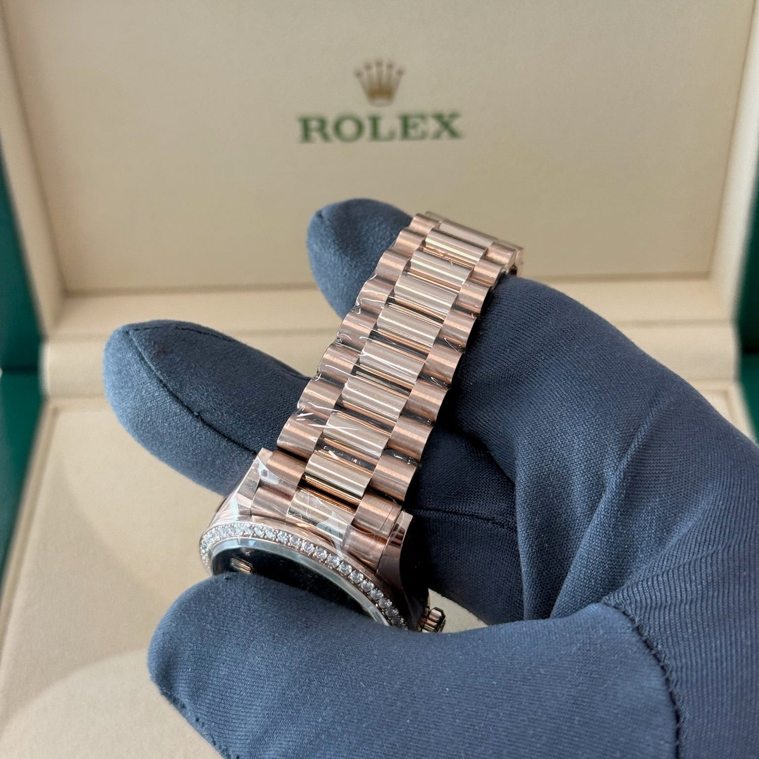 2023 Rolex Day Date 36 Diamond Bezel Brown Baguette Diamond Dial 128345RBR / Rose Gold / Like New / Box & Papers Just Watch It