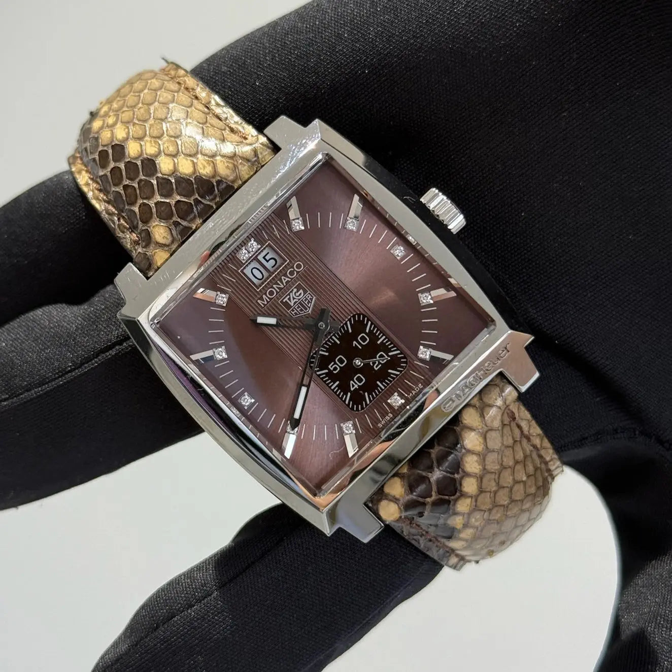 Tag Heuer Monaco Brown Diamond Dial WAW1315 / Snake Skin Leather Band / Steel / Quartz  / Watch Only Just Watch It