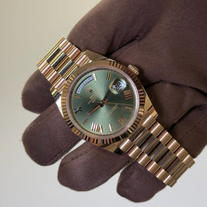 2025 Rolex Day Date 40 Olive Dial / 228235 / Rose Gold / Brand New & Unworn / Box & Papers (edited) Just Watch It