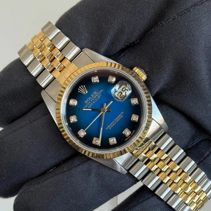 1996 Rolex Datejust 36 Blue Vignette Diamond Dial / 16233 / Two Tone Yellow Gold / Jubilee Band / Box & Papers Just Watch It