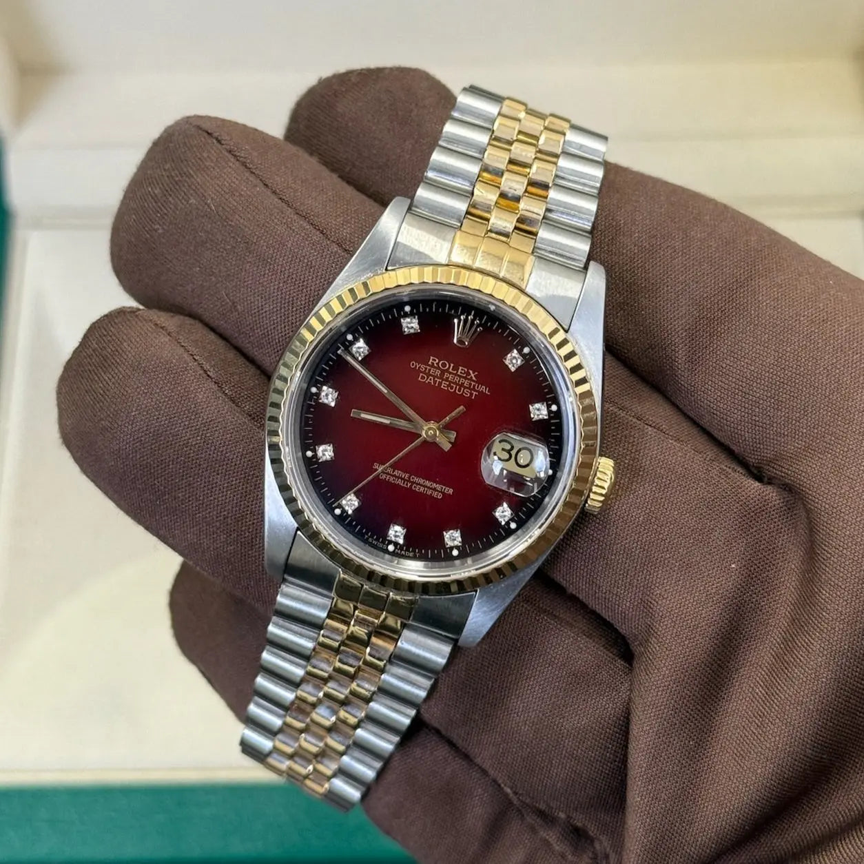 1989 Rolex Datejust 36 Red Vignette Diamond Dial / 16233 / Two Tone Yellow Gold / Excellent Condition / Watch & Box Only Just Watch It