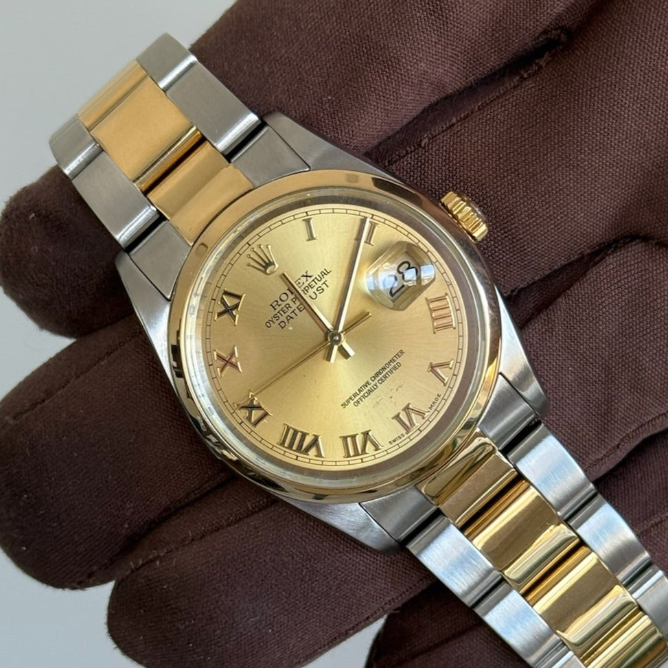 2004 Rolex Datejust 36 Champagne Roman Dial / 116203 / Oyster Bracelet / Two Tone Yellow Gold / Mint Condition / Recently Serviced - Just Watch It