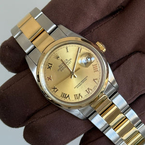 2004 Rolex Datejust 36 Champagne Roman Dial / 116203 / Oyster Bracelet / Two Tone Yellow Gold / Mint Condition / Recently Serviced - Just Watch It
