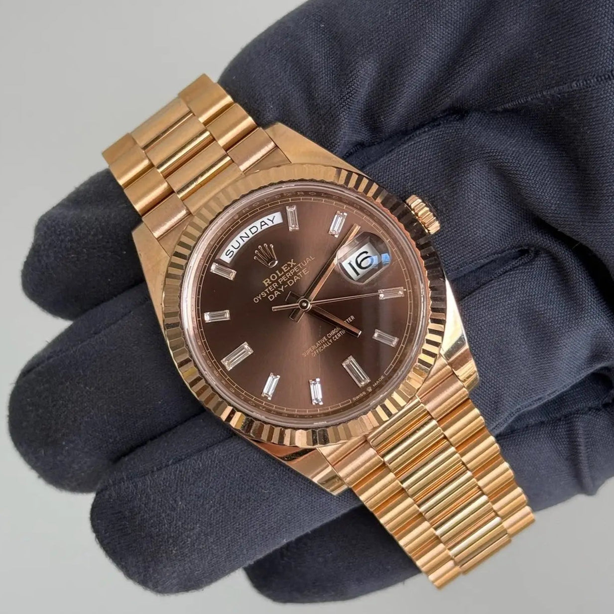 2018 Rolex Day Date 40 Chocolate Baguette Diamond Dial / 228235 / Presidential Bracelet / Mint Condition