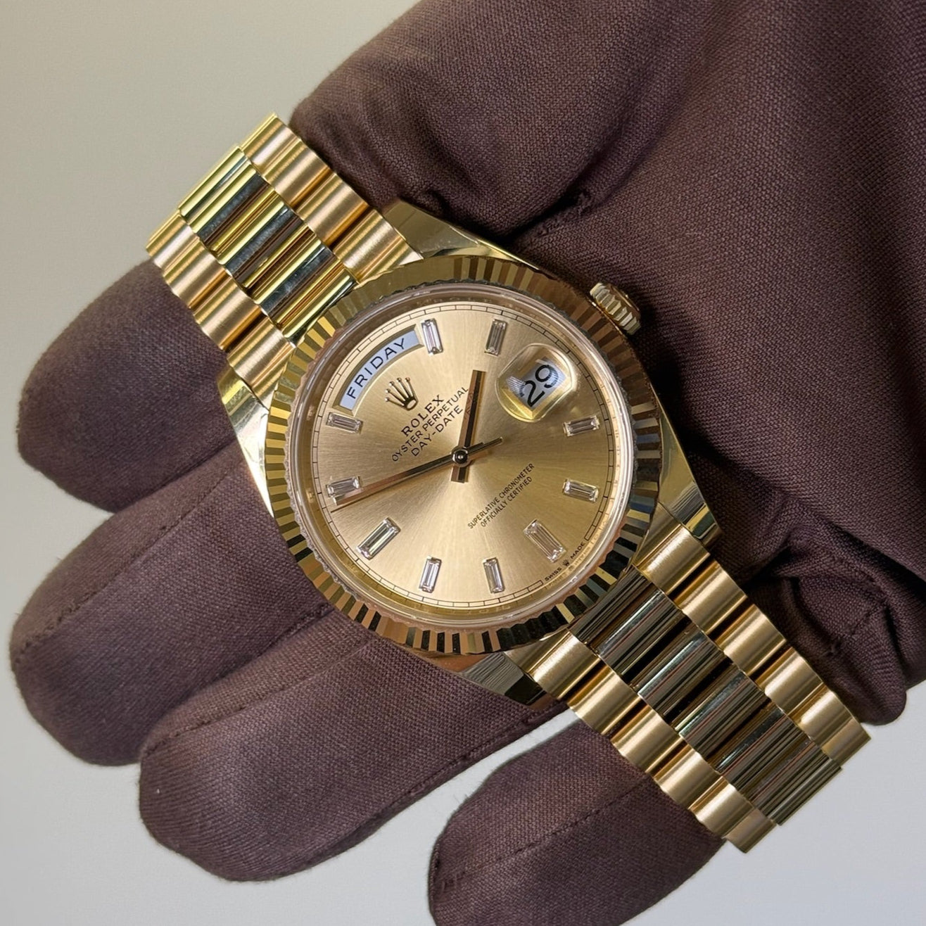 2025 Day Date 40 Champagne Baguette Diamond Dial / 228238 / Yellow Gold / Brand New & Unworn / Box & Papers Just Watch It