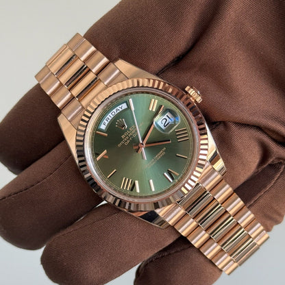 2024 Rolex Day Date 40 Olive Dial / 228235 / Rose Gold / Presidential Bracelet / Brand New & Unworn
