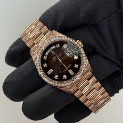 2023 Rolex Day Date 36 Diamond Bezel Brown Baguette Diamond Dial 128345RBR / Rose Gold / Like New / Box & Papers Just Watch It