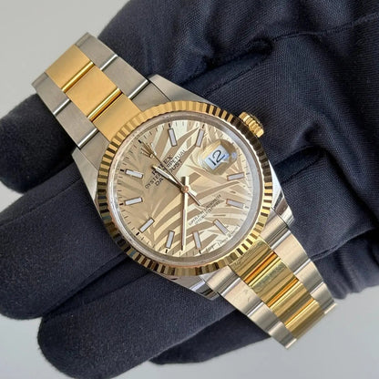 2022 Rolex Datejust 36 Palm Motif Dial / 126233 / Two Tone Yellow Gold / Discontinued / Mint Condition / Box & Papers