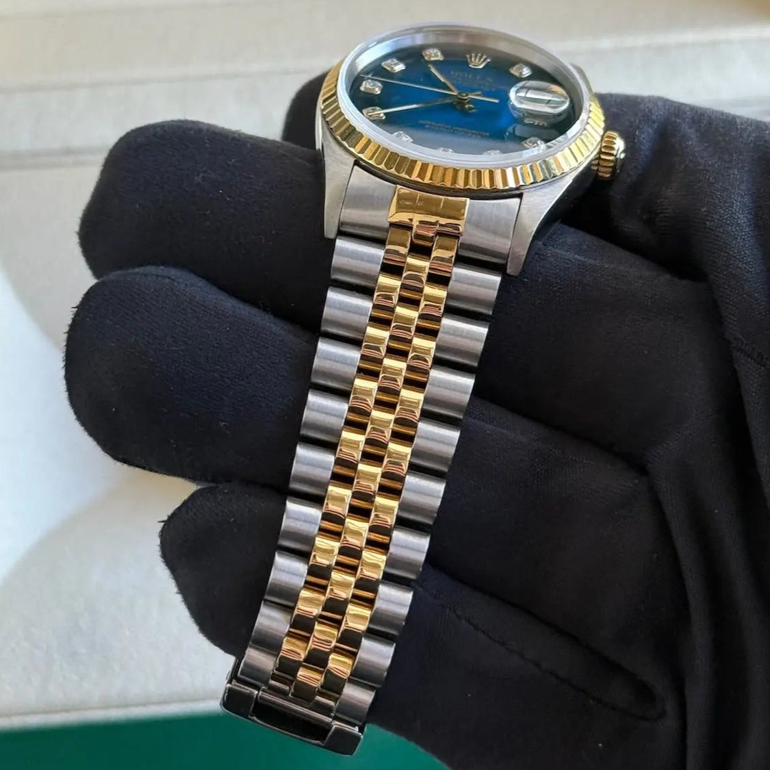 1996 Rolex Datejust 36 Blue Vignette Diamond Dial / 16233 / Two Tone Yellow Gold / Jubilee Band / Box & Papers Just Watch It
