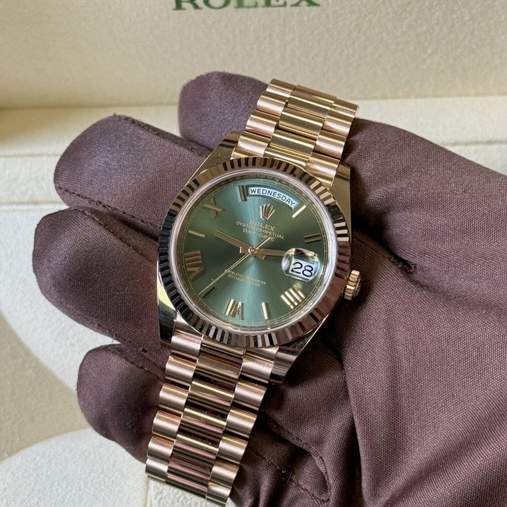 2025 Rolex Day Date 40 Olive Dial / 228235 / Rose Gold / Brand New & Unworn / Box & Papers (edited) Just Watch It