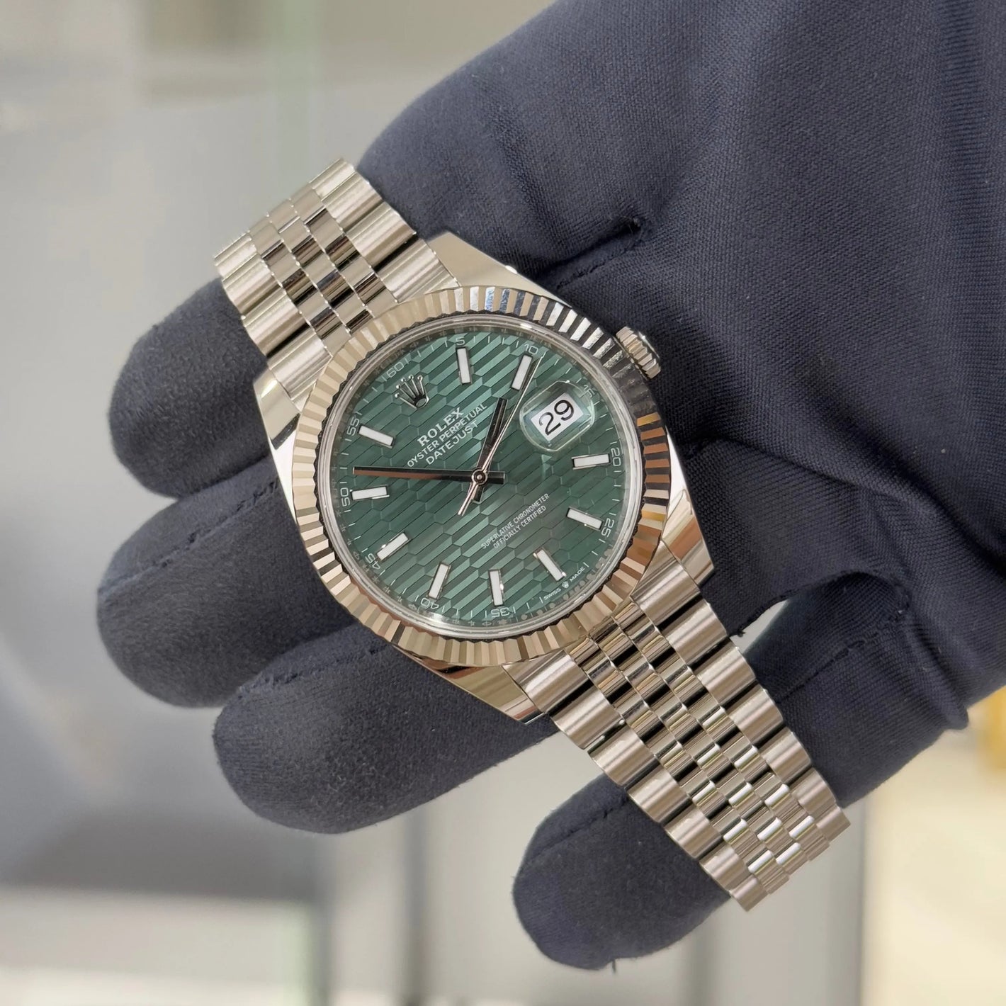 2024 Rolex Datejust 41 Green Motif Dial 126334 / Fluted Jubilee / Stainless Steel / Brand New - Just Watch It Pty Ltd