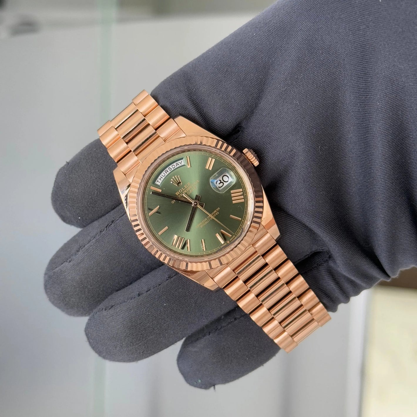2023 Rolex Day Date 40 Olive Dial 228235 / Rose Gold / Like New / Box & Papers - Just Watch It Pty Ltd