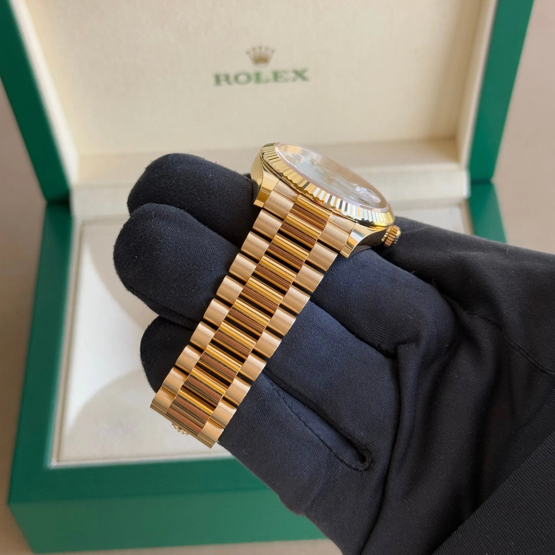 2025 Rolex Day Date 40 Mother of Pearl Baguette Diamond Dial 228238 / Yellow Gold / Brand New & Unworn - Justwatchit
